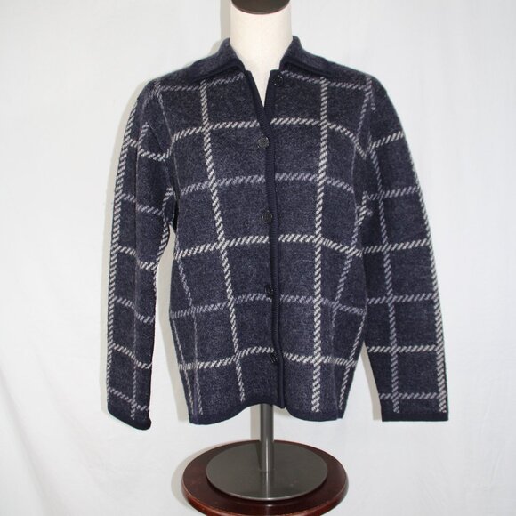 Vintage Talbots Petites Small Checkered Button Up Cardigan Navy White 100% Wool - Picture 1 of 12